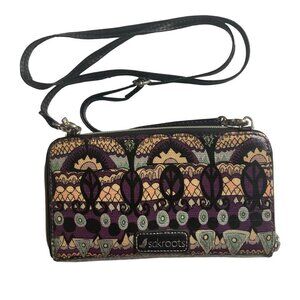 Sakroots Crossbody Bag Wallet Purple Green Coated Canvas Clutch Artsy Boho